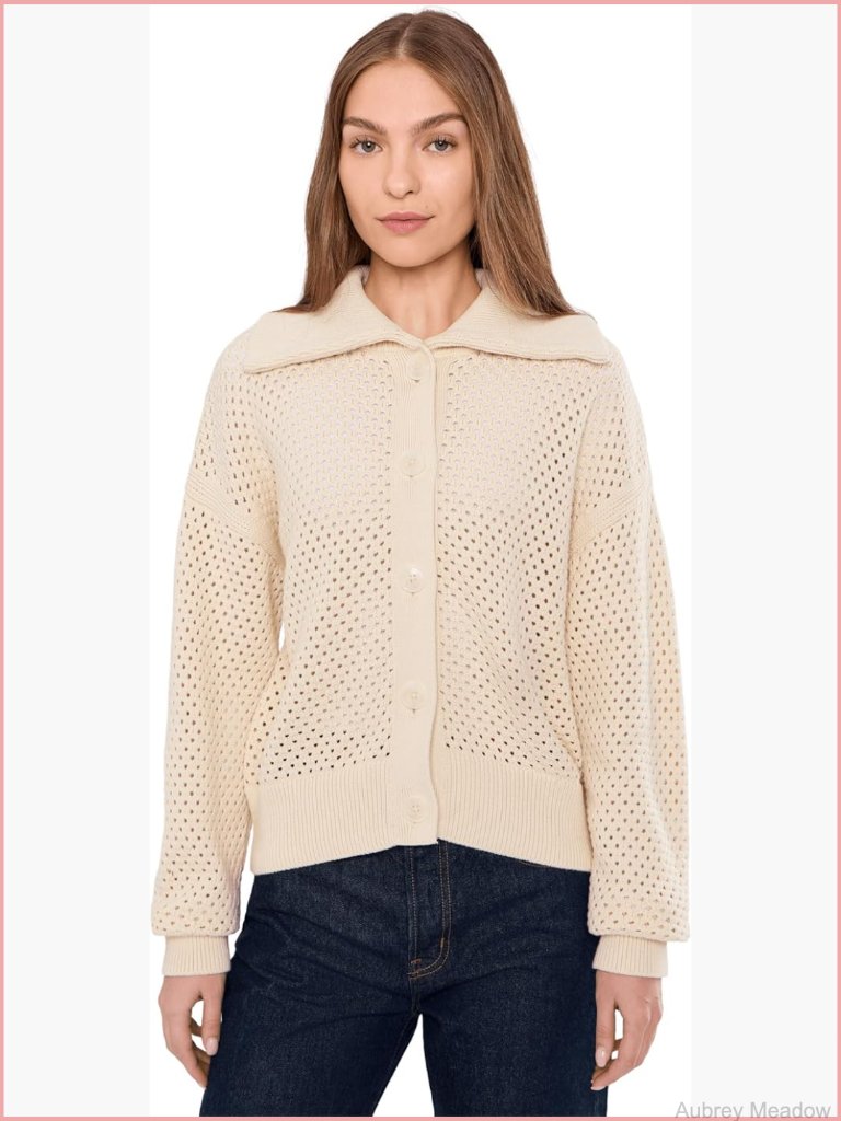 Wide Collared Button Front Knit Cardigan Relaxed Fit Cotton